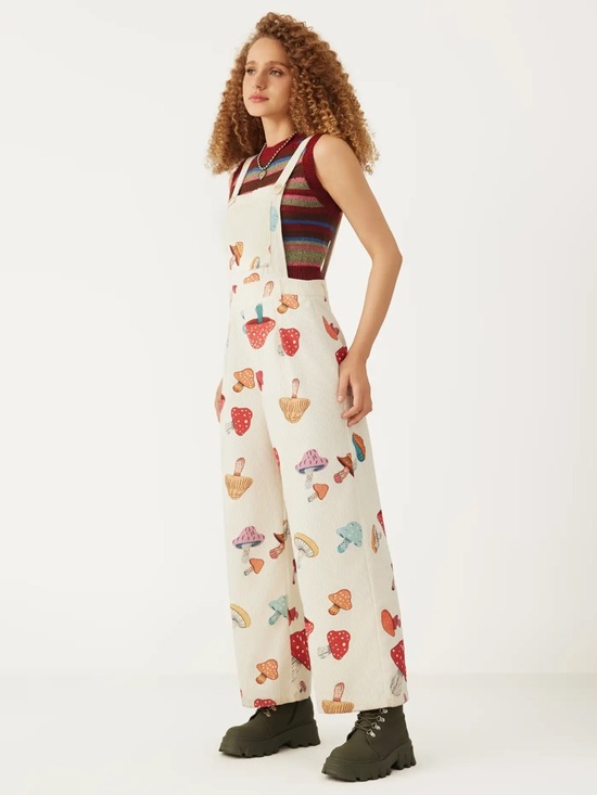 Cider Mushroom Print Corduroy Overalls Wide Leg Cottagecore Indie Beige L - Picture 2 of 9